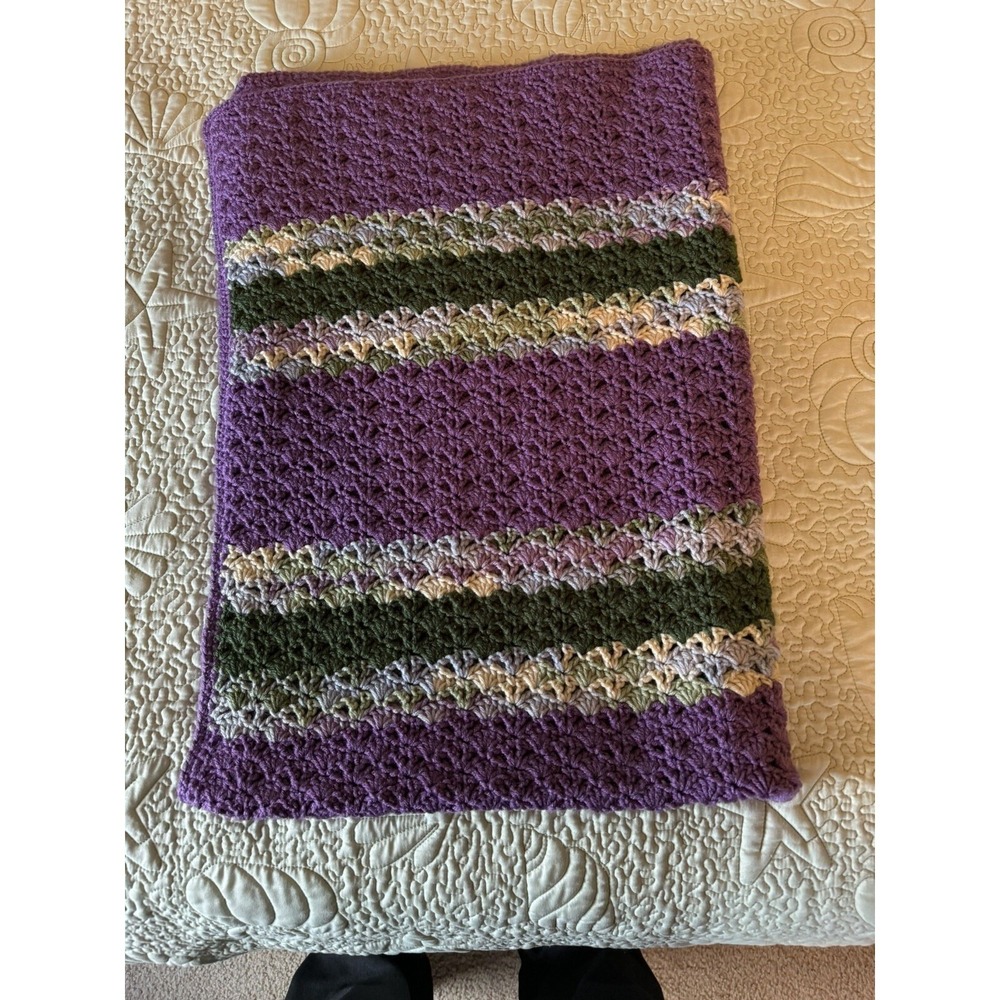 Hand Made Crocheted Lap Afghan 35" X 45" Purple Grey White Green. Cuddle Strolle